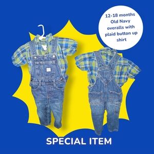 Old Navy Denim Overalls with Green Plaid Shirt
